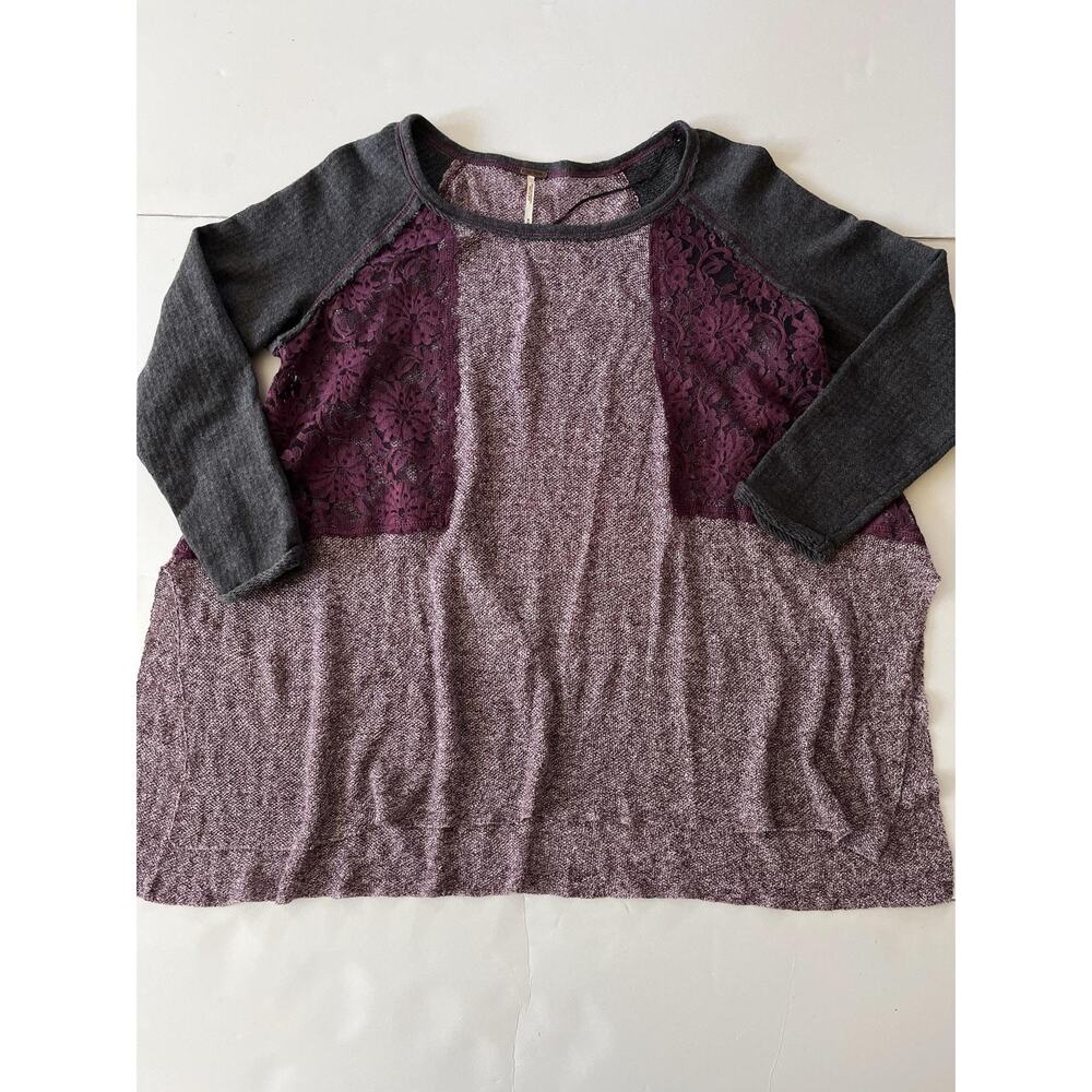 Free People Blouse Womens M Purple Lace Crochet Raglan Tunic Knit Top Boho